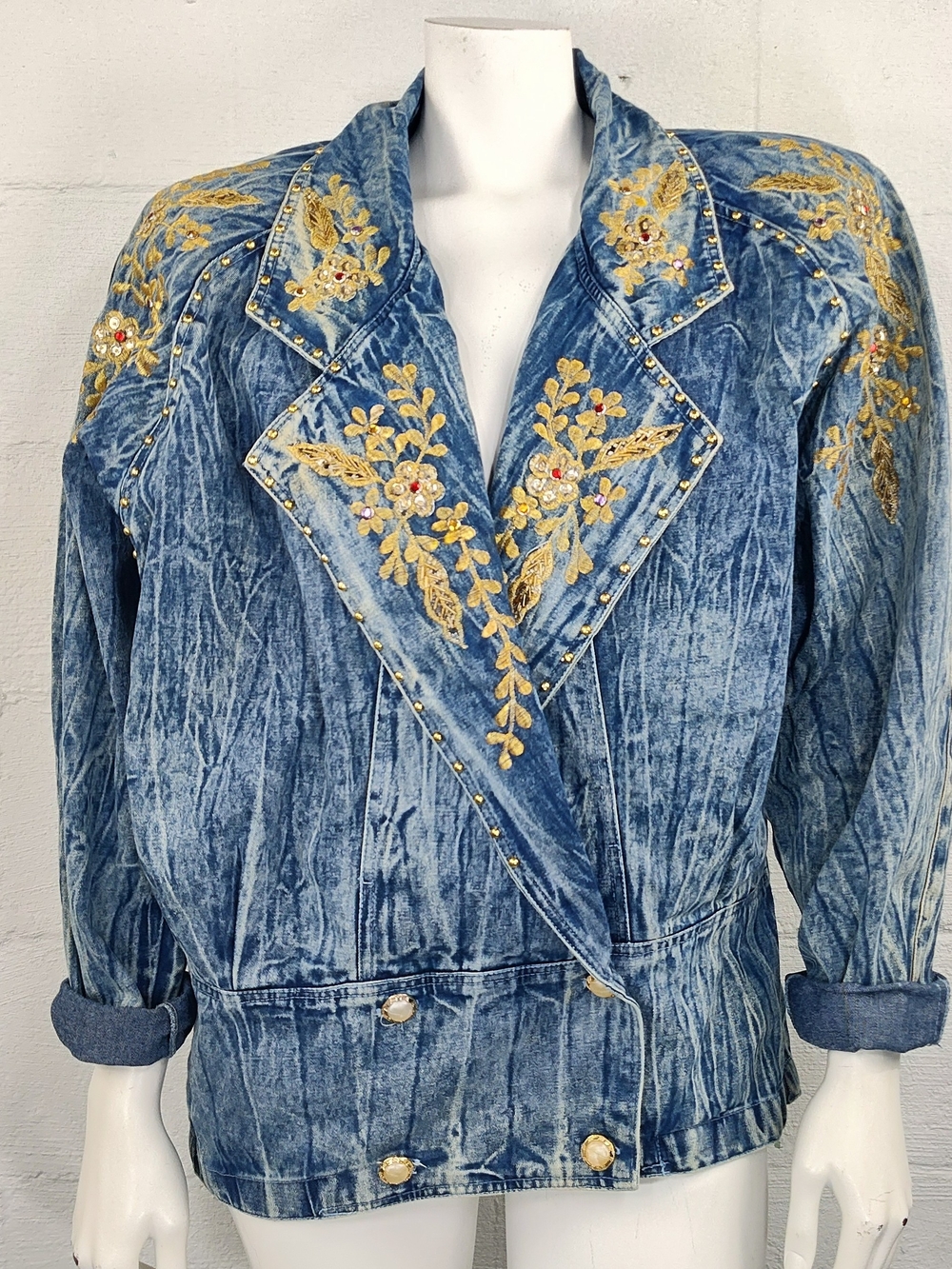 Ultra Vintage Embellished Crinkle Denim Jacket with Gold Floral Embroidery